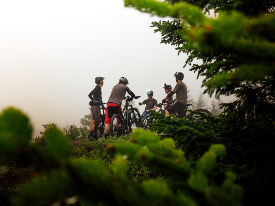 L'équipe discute du prochain sentier à explorer à Rockwood Park sous une couverture de brouillard.